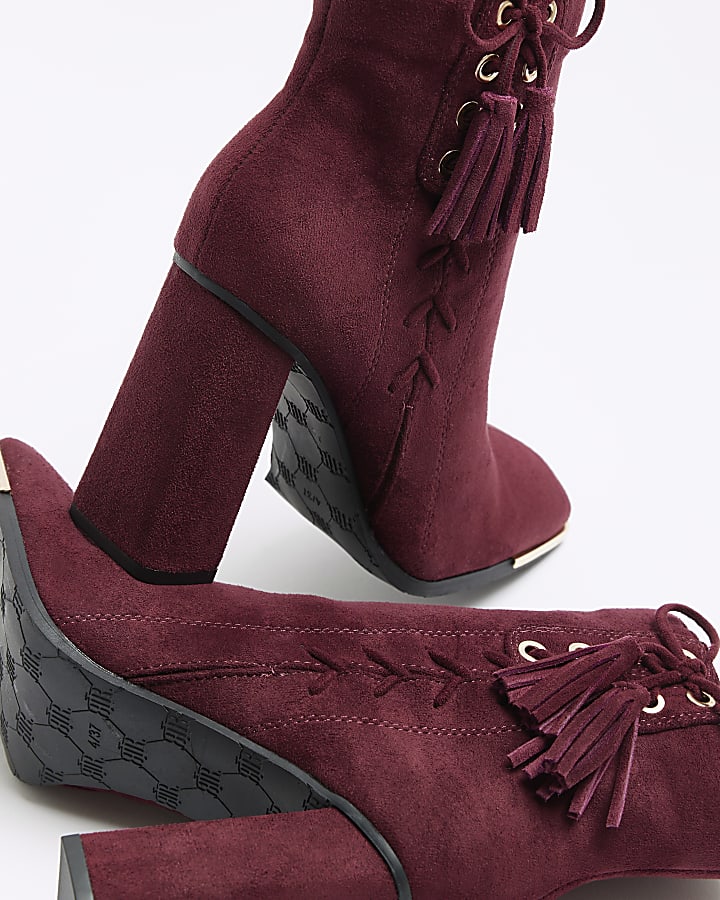 Red suedette lace up detail heeled boots