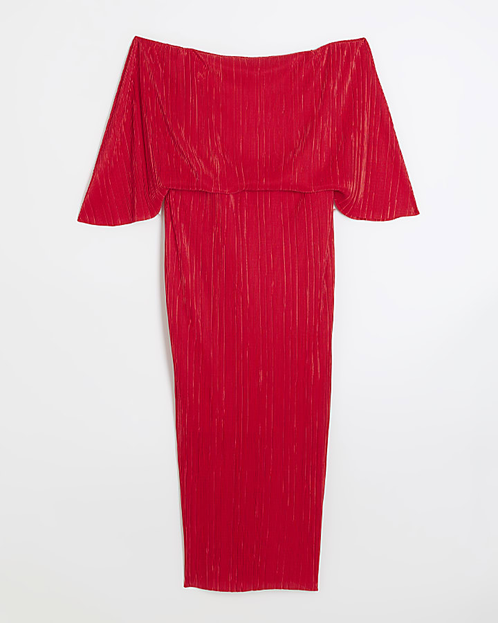 Red bardot drape plisse midi dress