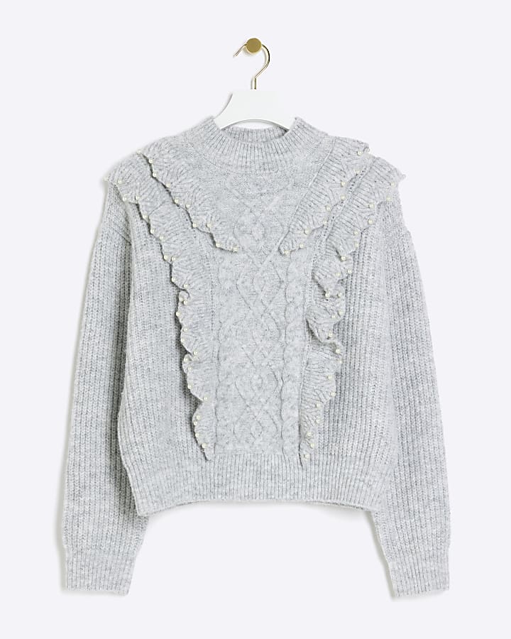 Grey cable knit frill jumper