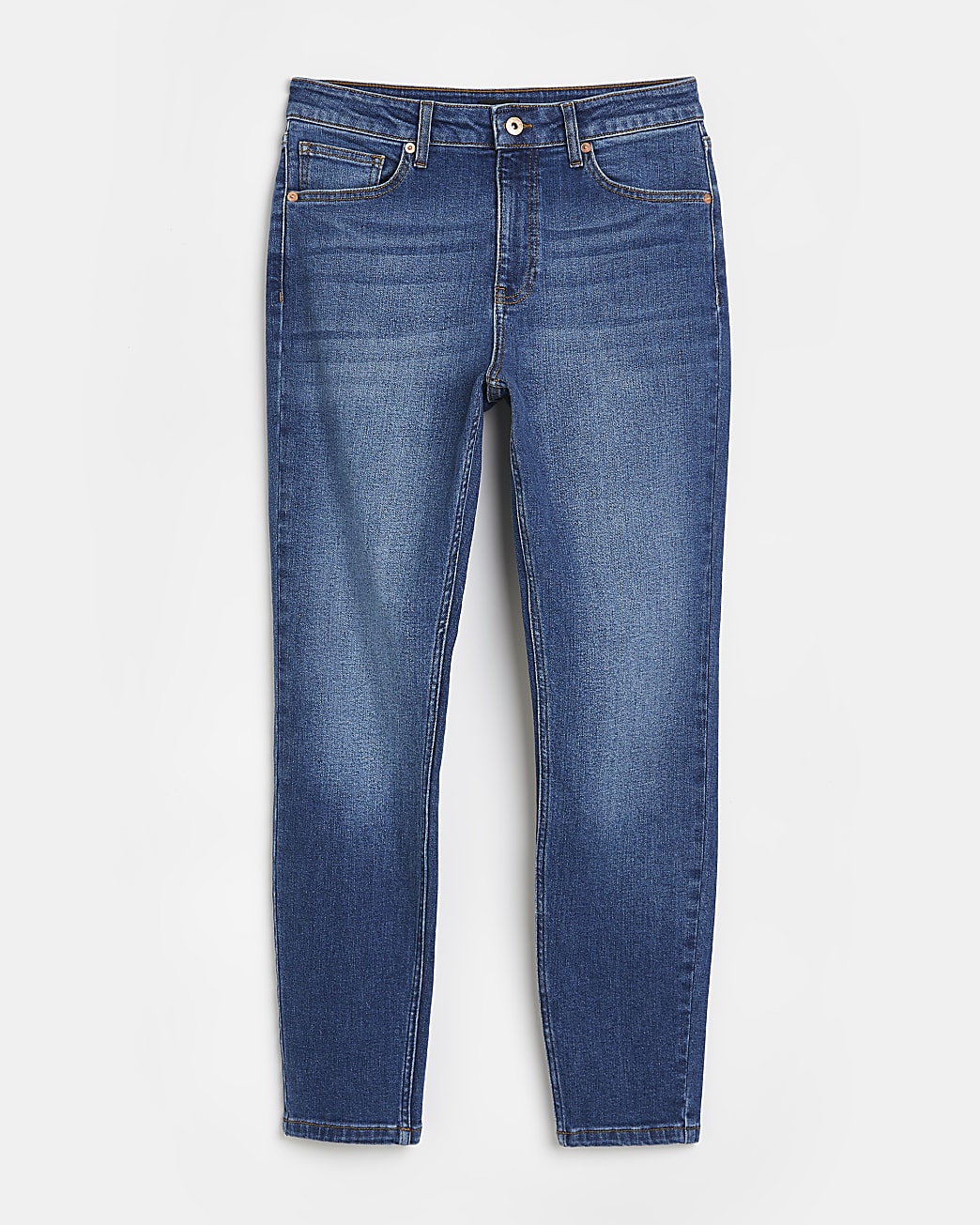 Blue mid rise straight leg mom jeans
