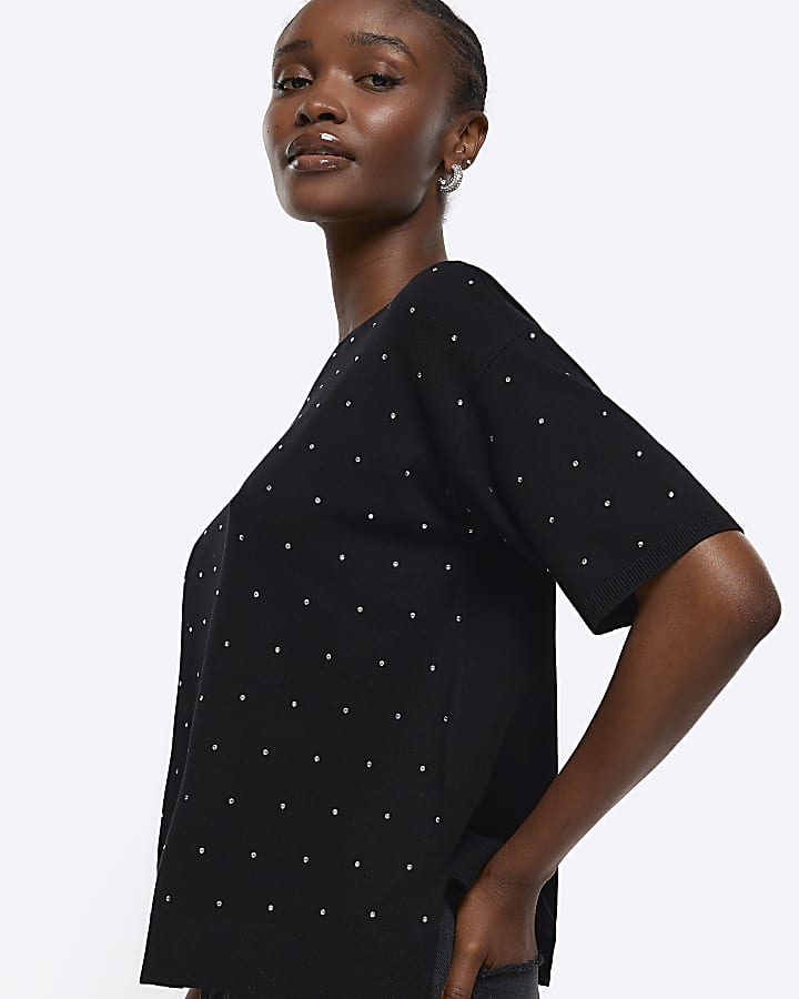 Black diamante detail t-shirt