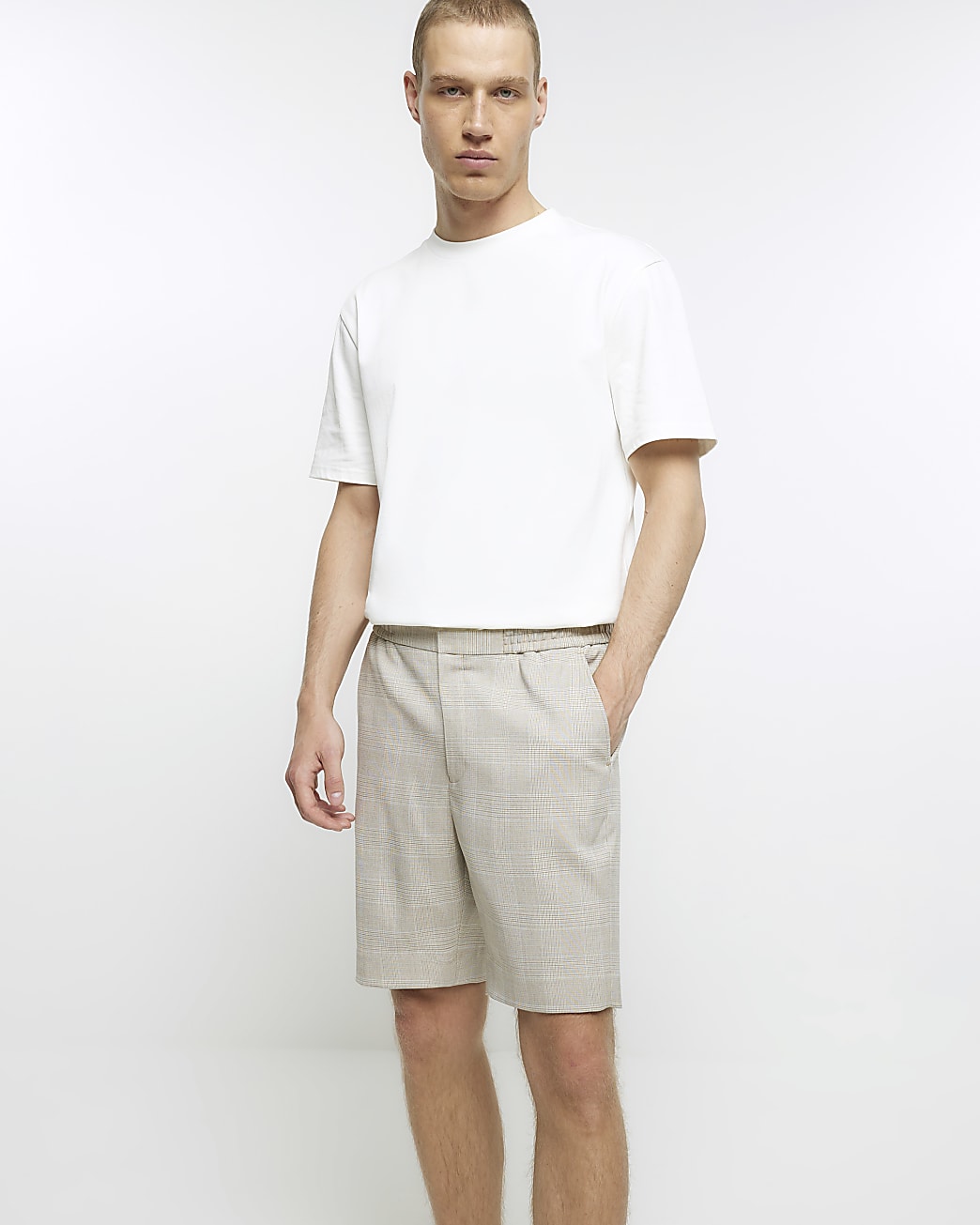 Beige regular fit check suit shorts