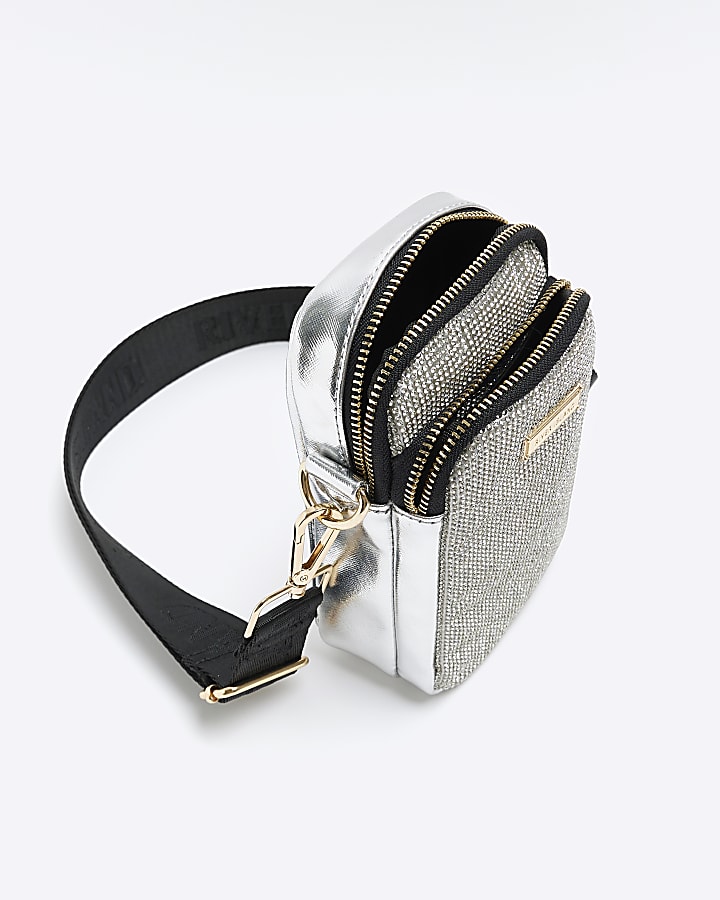 Silver diamante phone holder bag