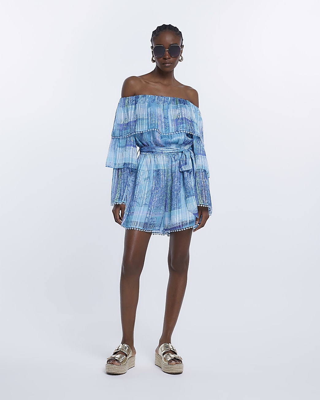 Blue printed bardot playsuit