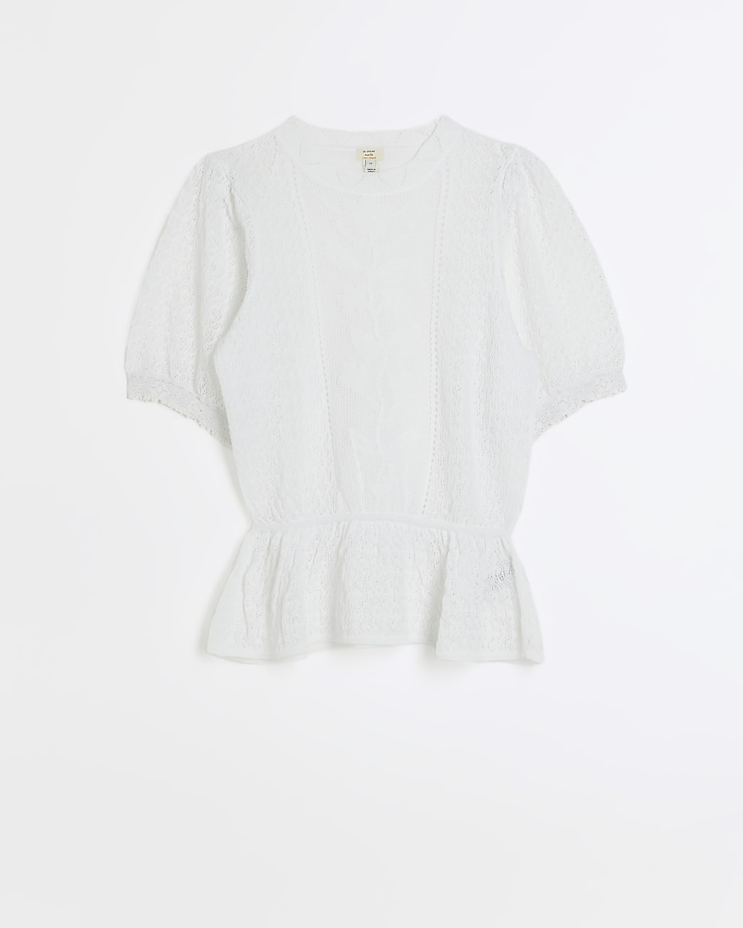 White knitted puff sleeve peplum top