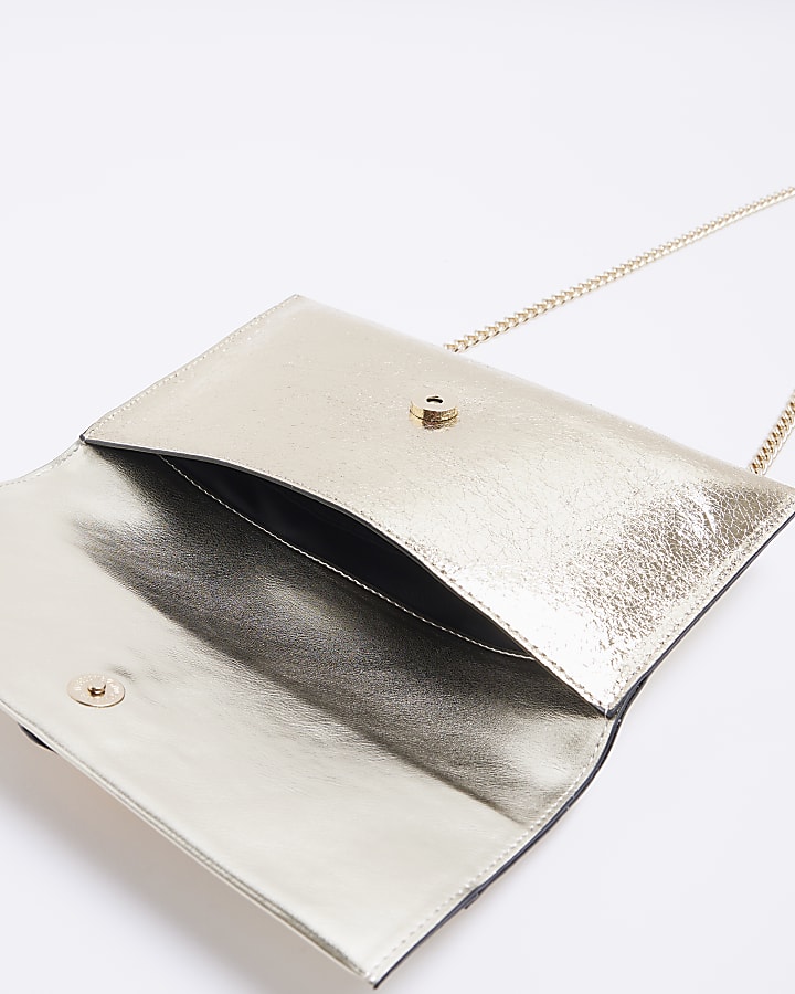Gold metallic chain strap clutch bag