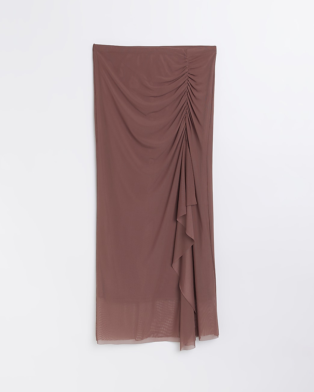 Brown mesh drape ruched midi skirt