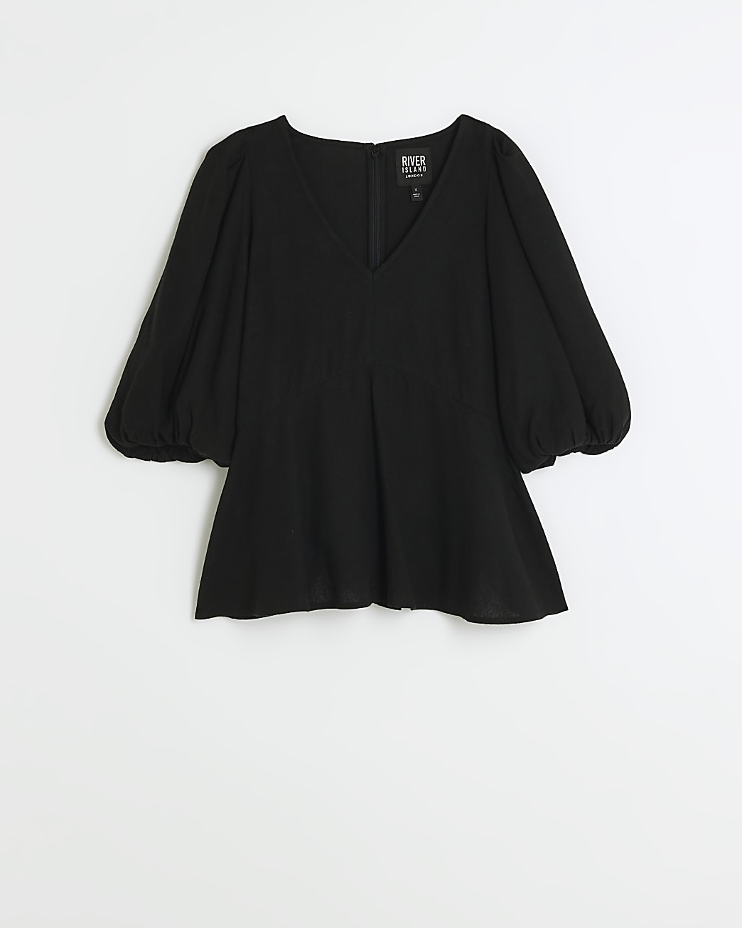 Black linen blend puff sleeve blouse