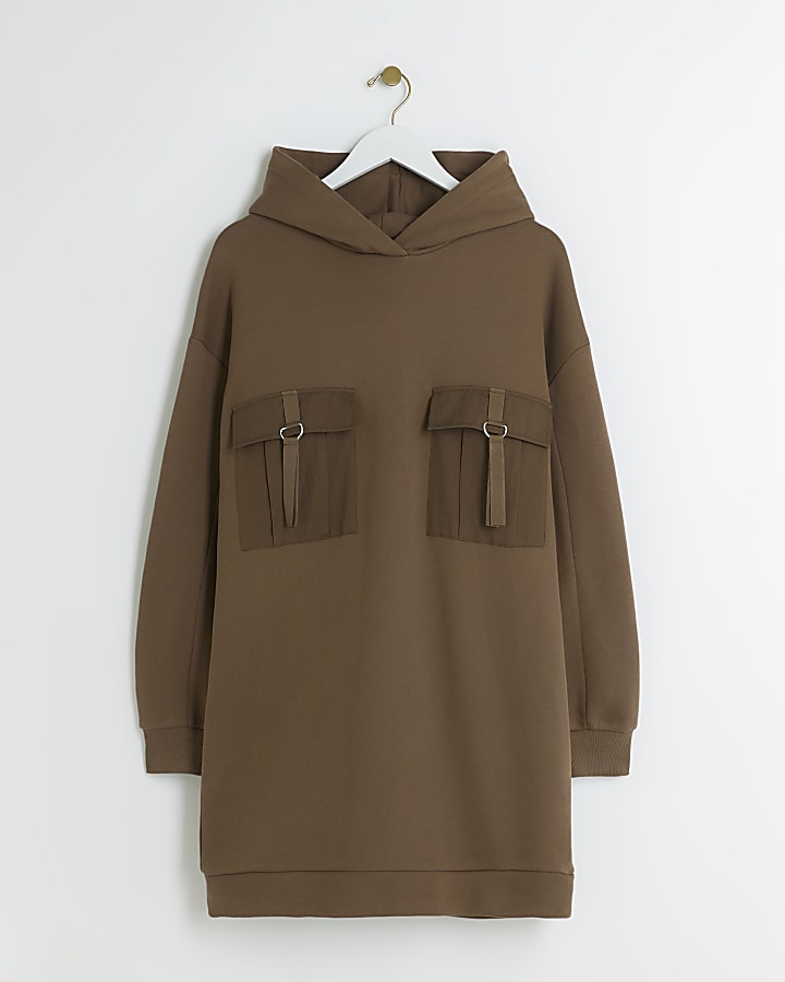 Khaki utility hooded sweatshirt mini dress