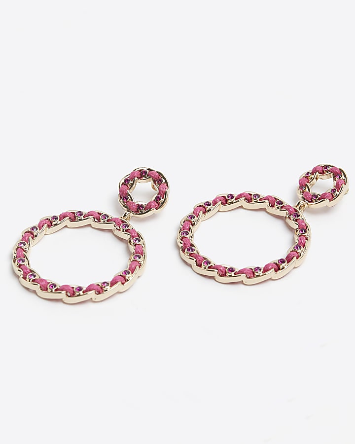 Gold pink thread open earrings