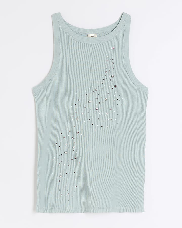 Green rib diamante tank top