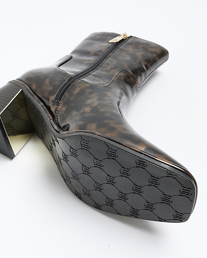 Brown animal print heeled ankle boots