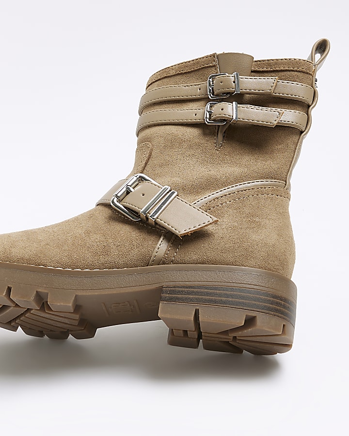 Brown suedette buckle biker boots