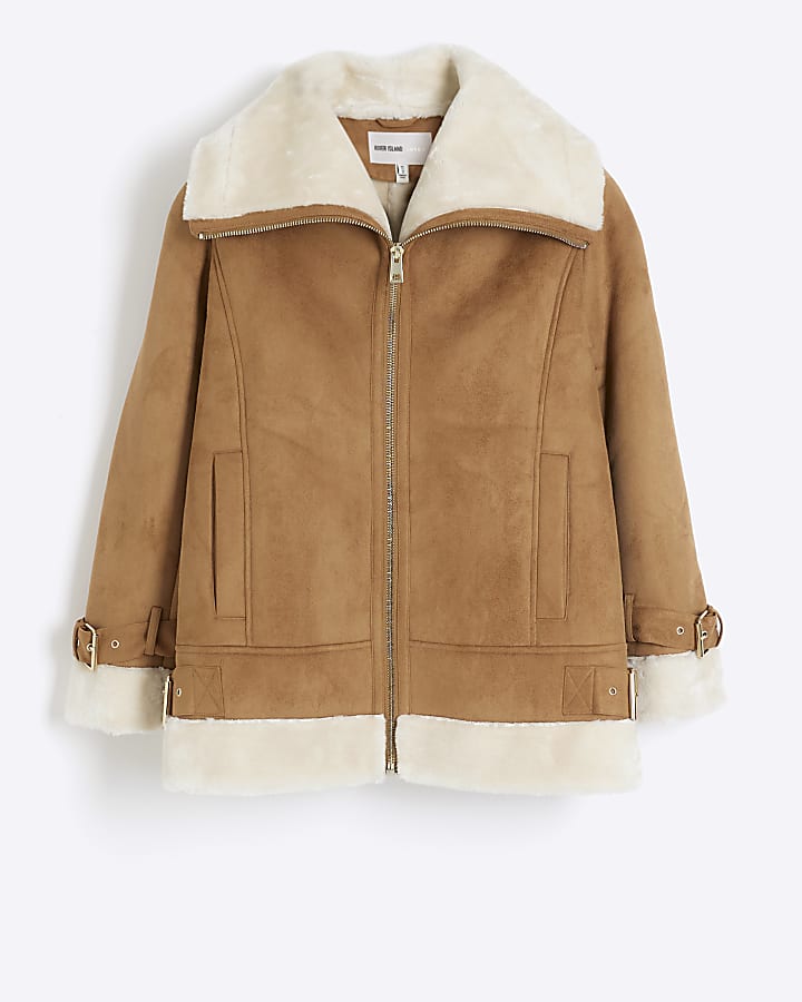 Brown faux fur aviator jacket