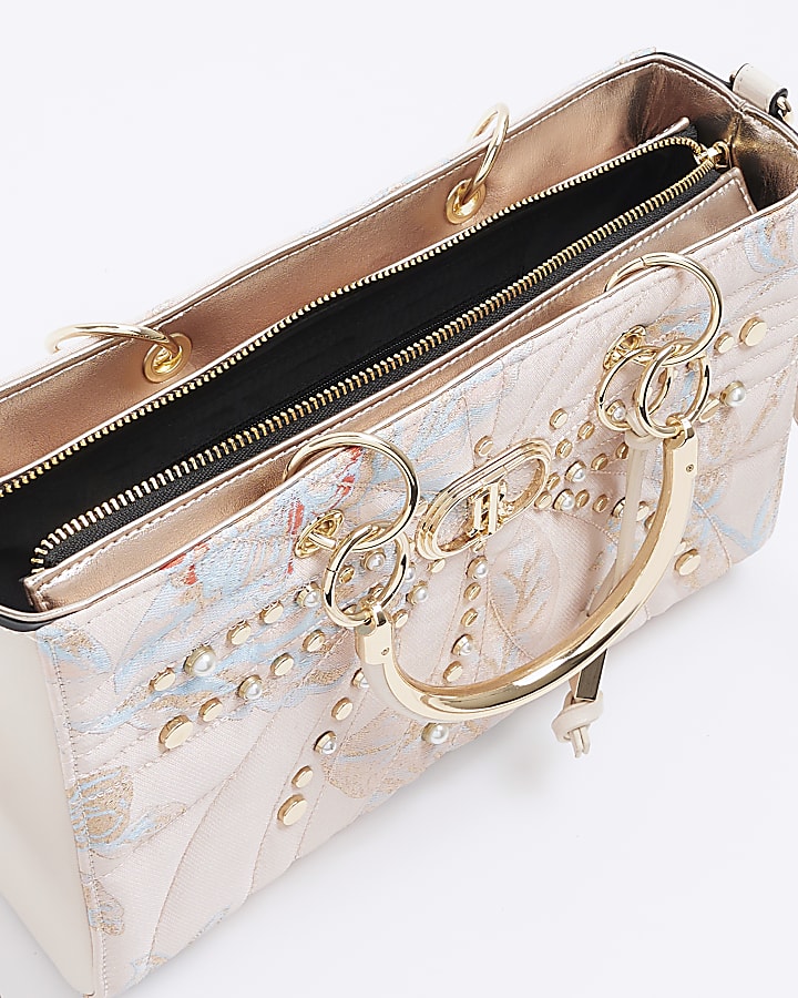 Pink jacquard studded tote bag