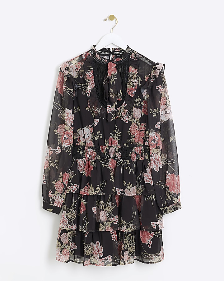 Black floral shirred swing mini dress