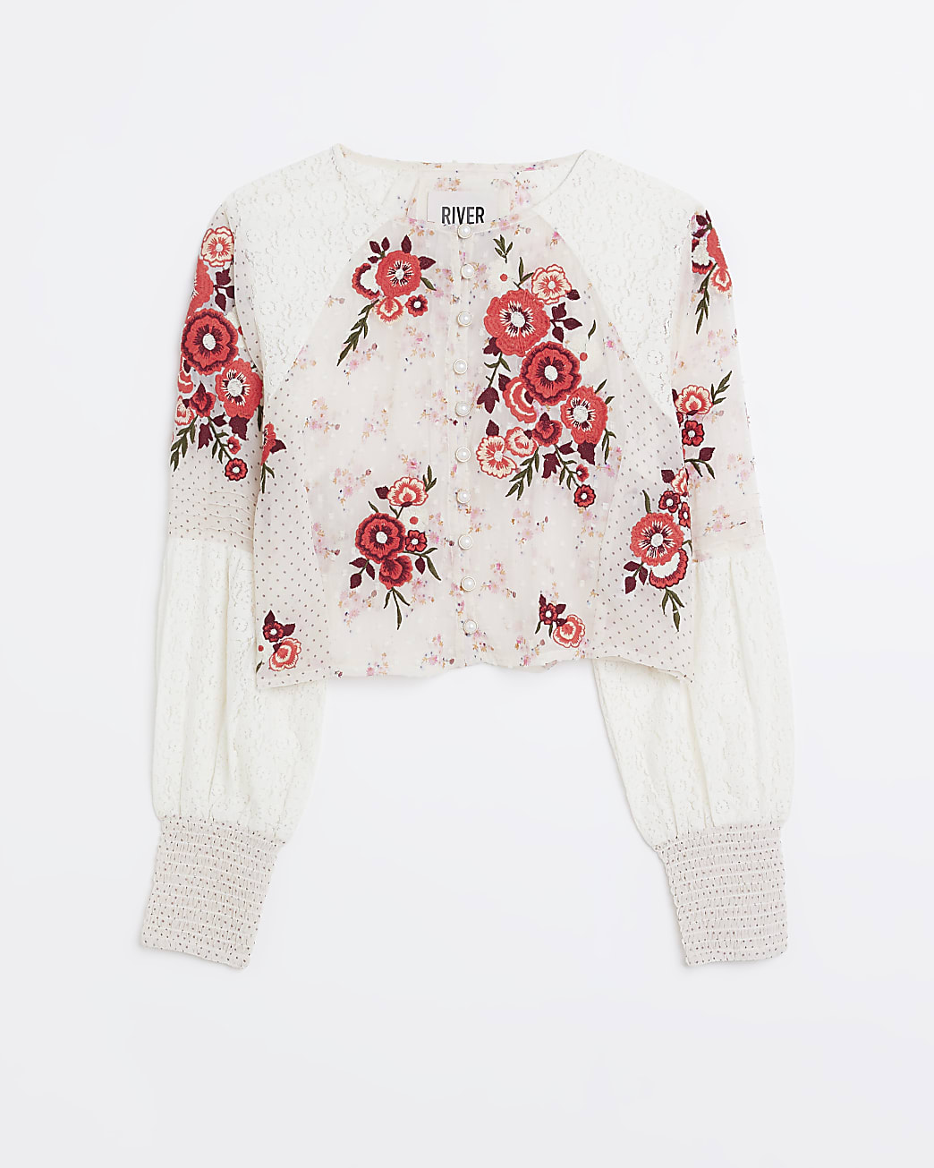 Cream patchwork floral embroidered blouse