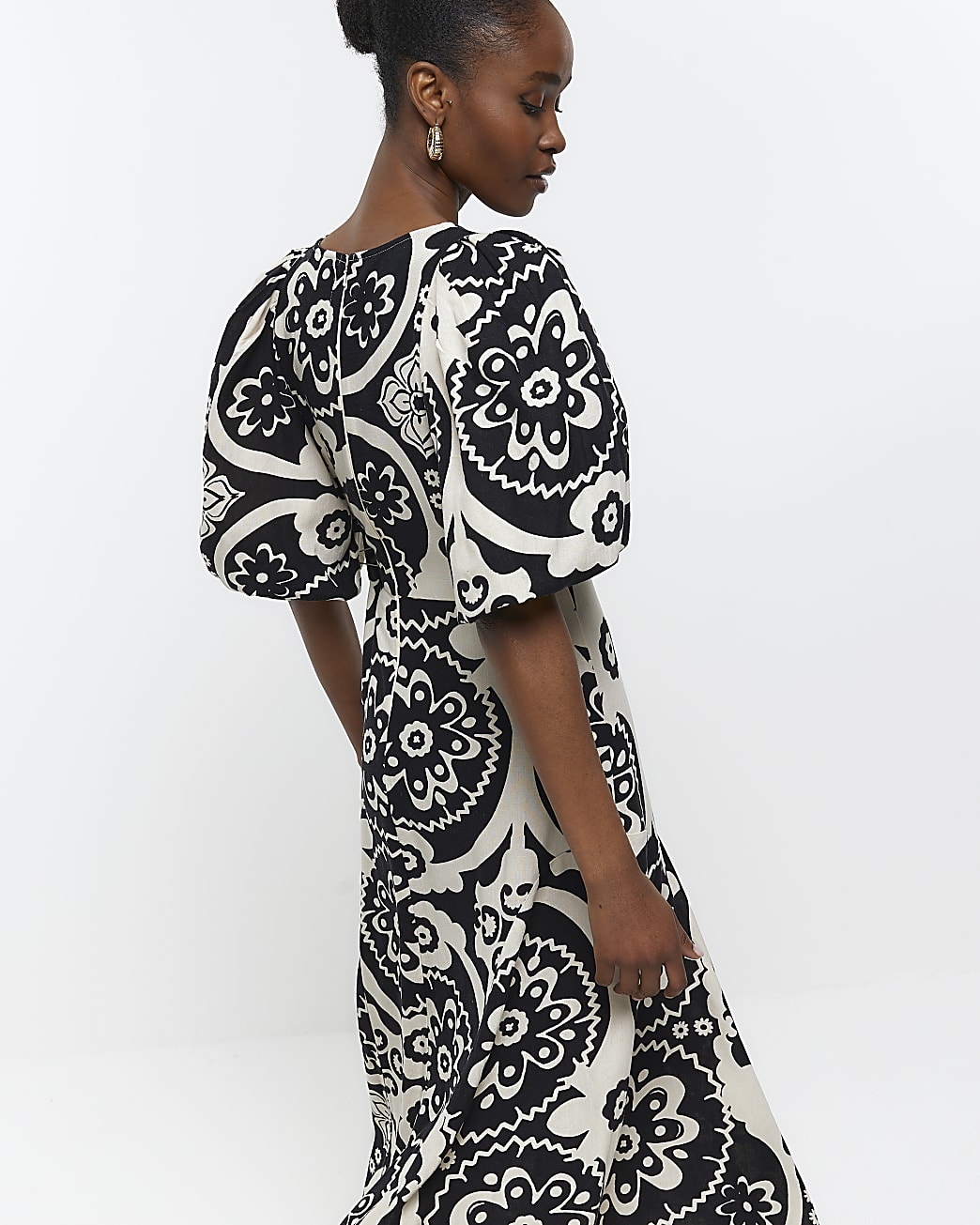 Cream printed linen midi dress