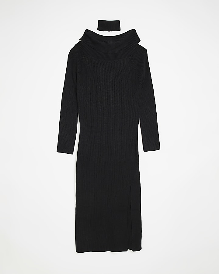 Black knit bardot bodycon midi dress