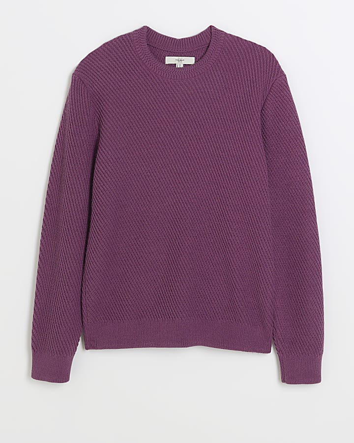 Purple regular fit diagonal stitch jumper
