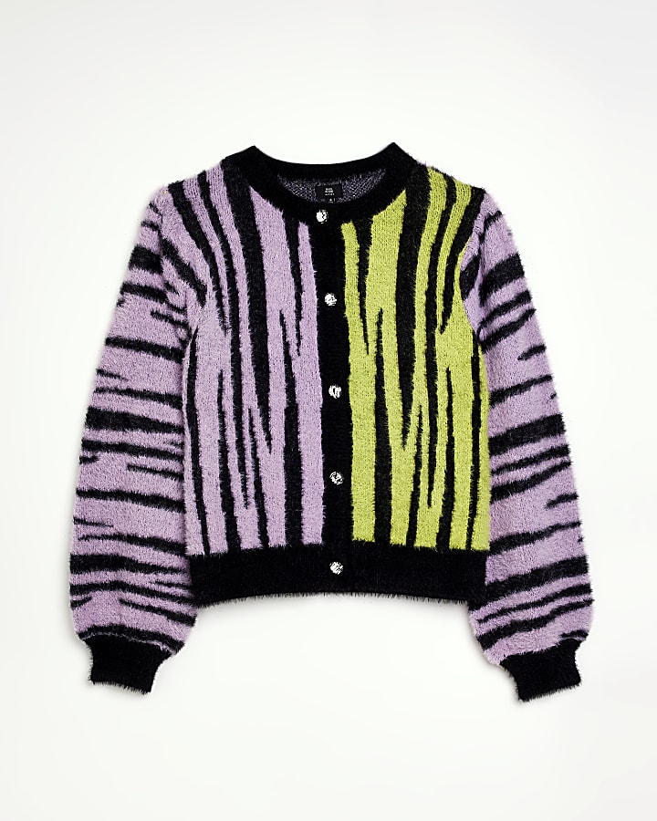 Plus purple animal print fluffy knit cardigan