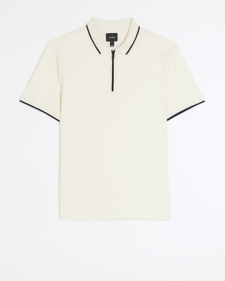 Ecru slim fit interlock taped polo