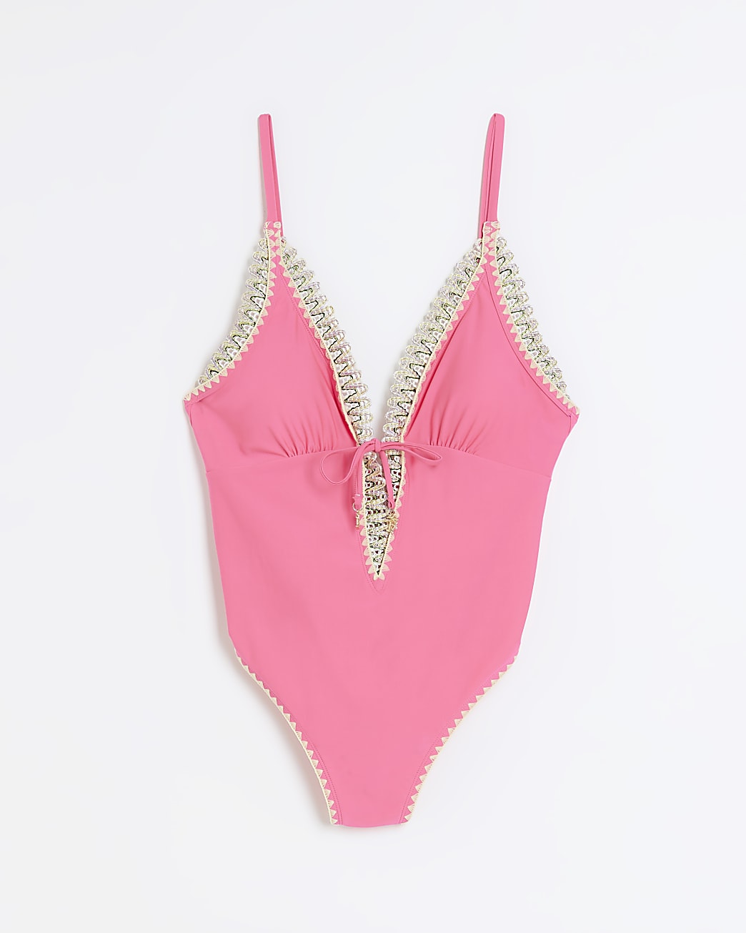Pink woven detail plunge swimsuit