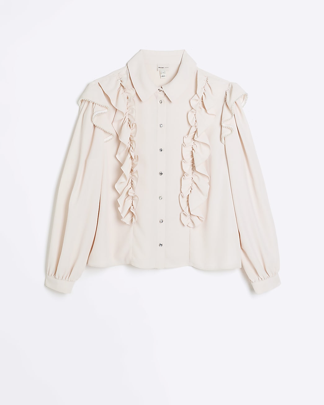 Pink frill pearl hem long sleeve blouse