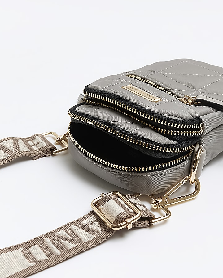 Grey quilted phone holder bag