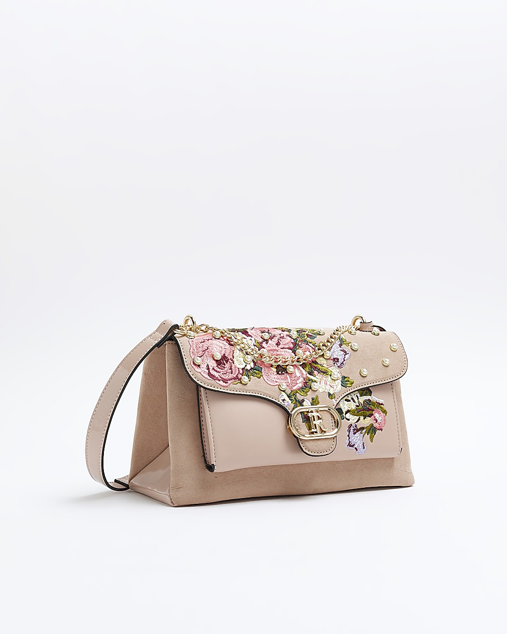 Pink floral embroidered shoulder bag