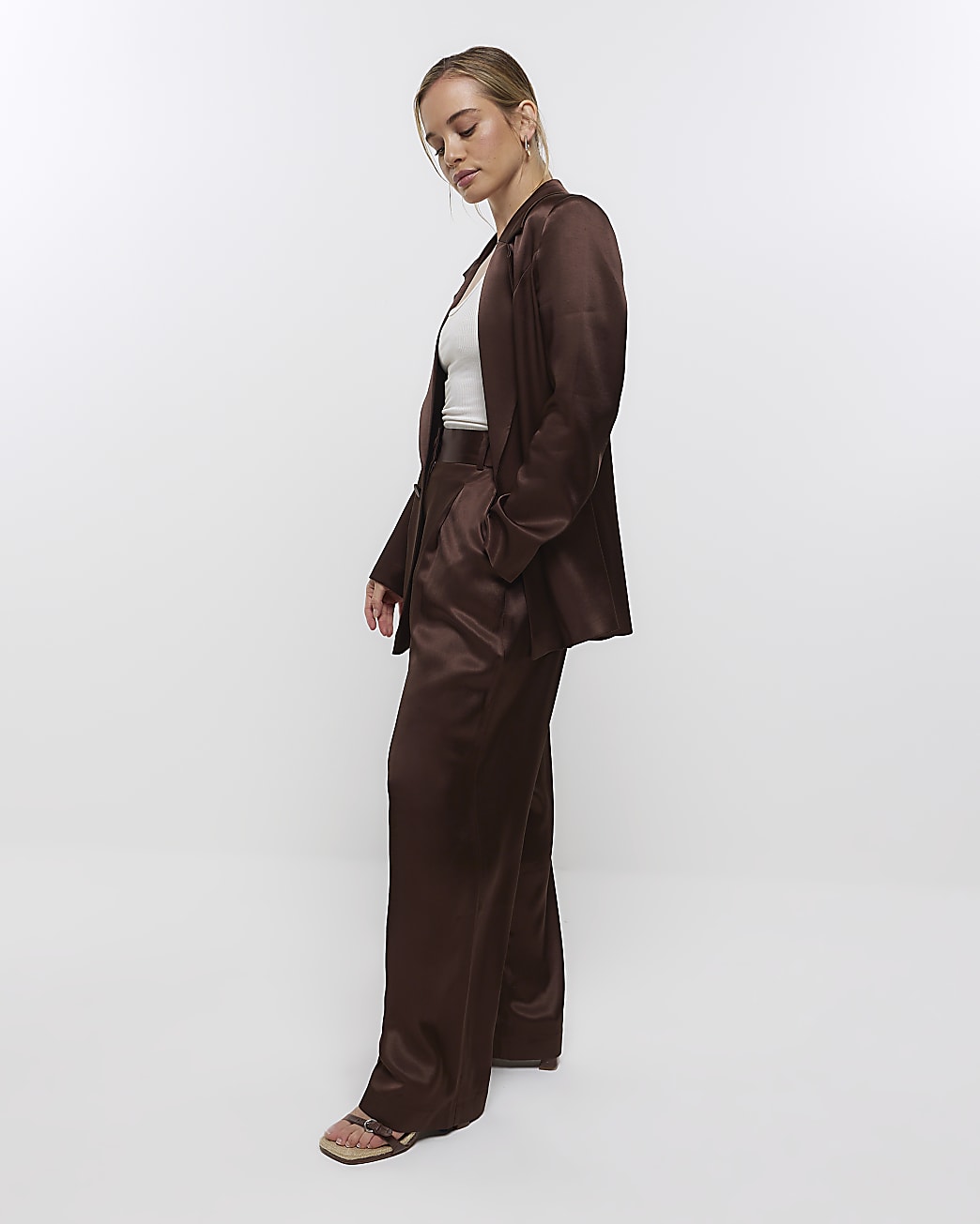 Petite brown satin wide leg trousers
