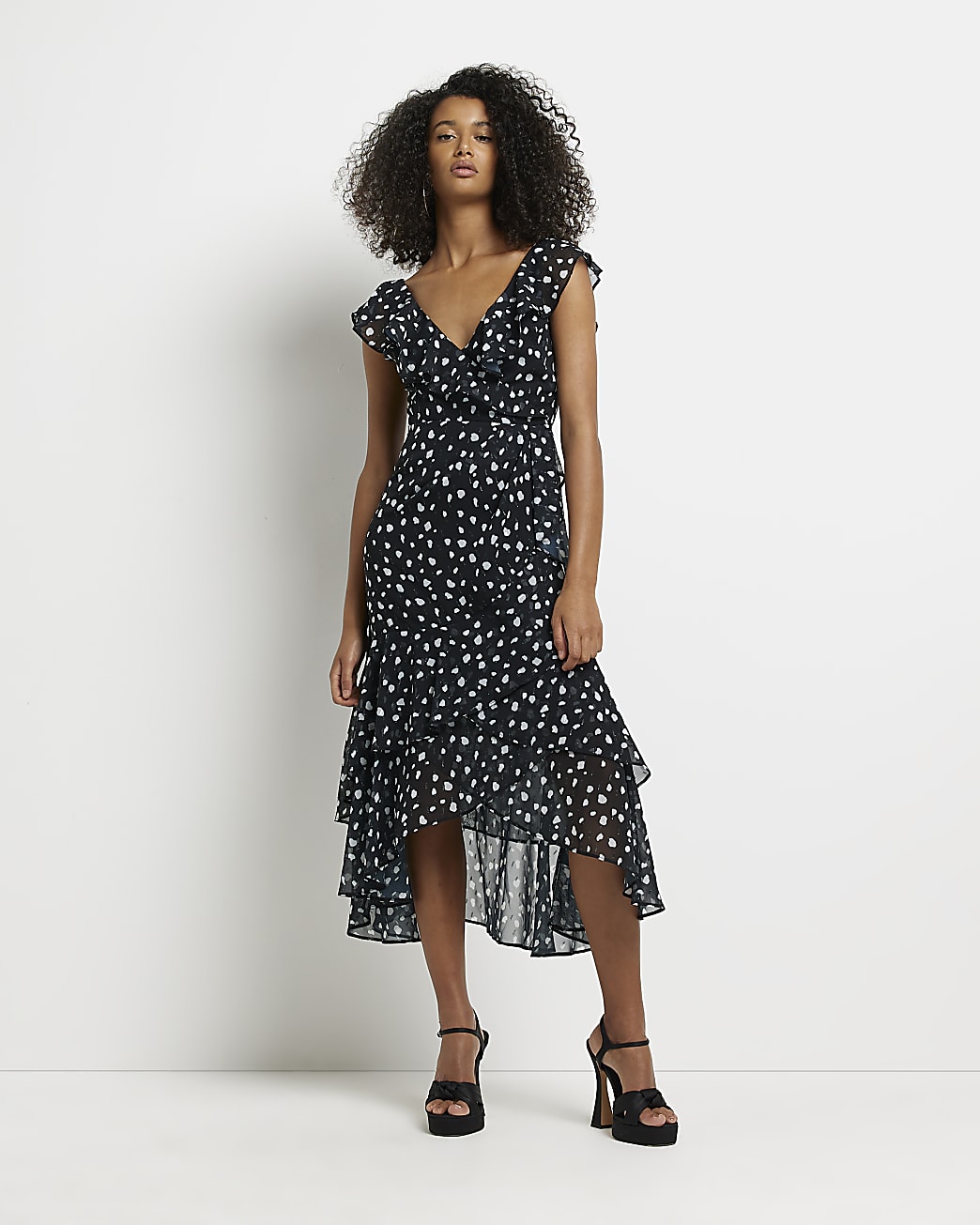 Black spot frill wrap midi dress