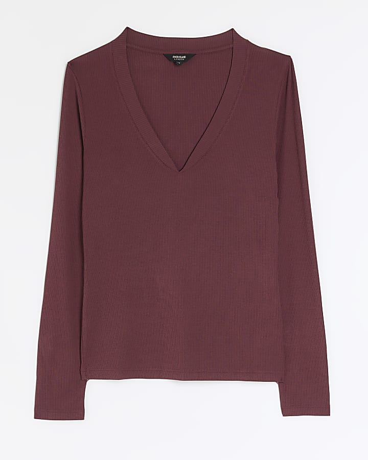Red rib v-neck long sleeve top