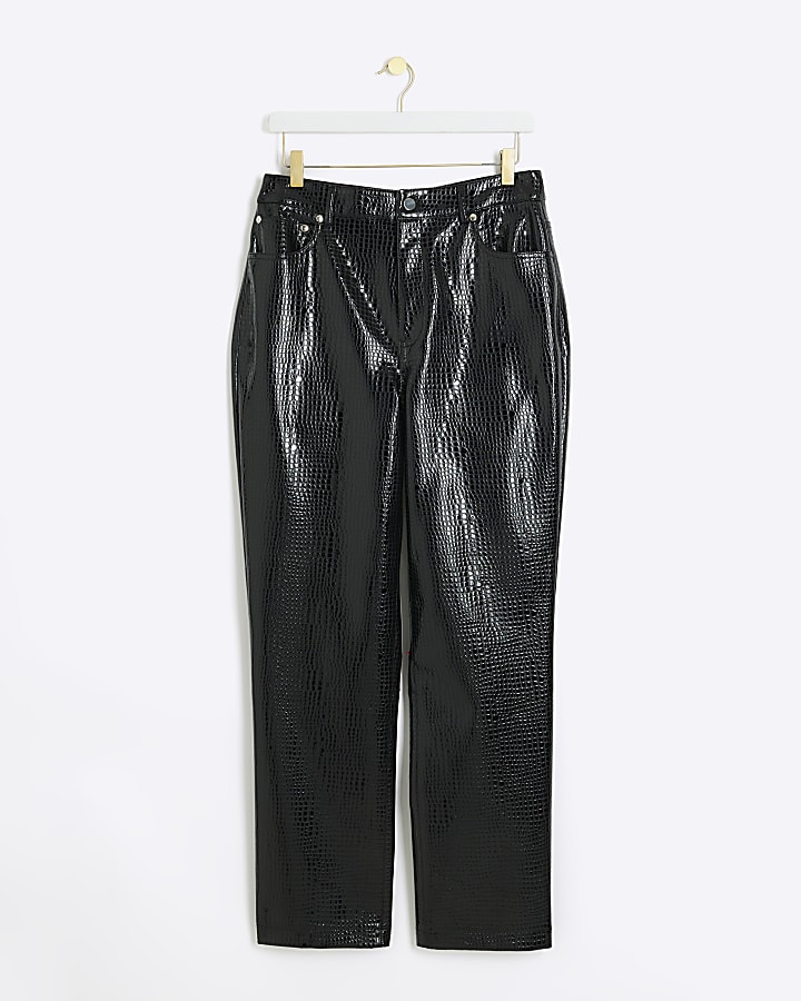 Black croc embossed straight trousers