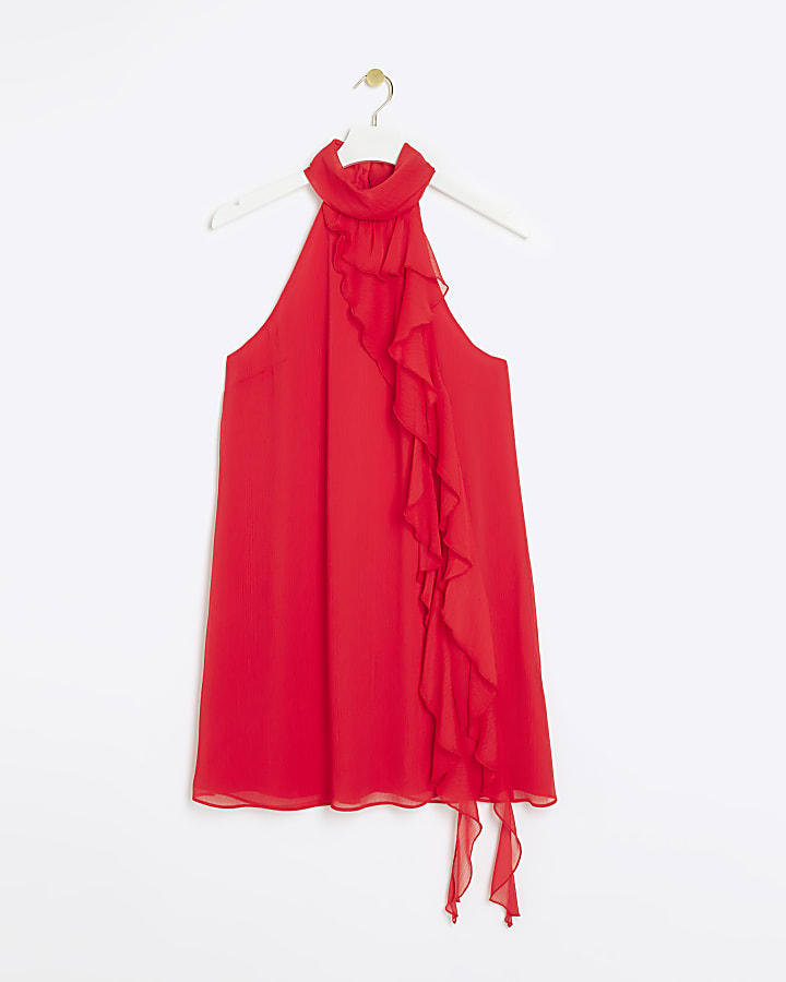 Red frill halter shift mini dress