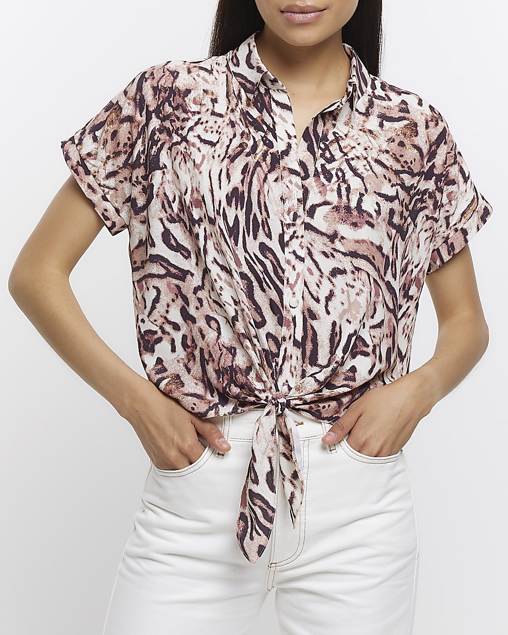 Beige animal print front knot shirt
