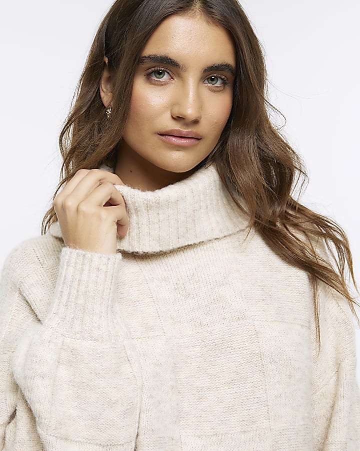 Beige textured roll neck jumper mini dress