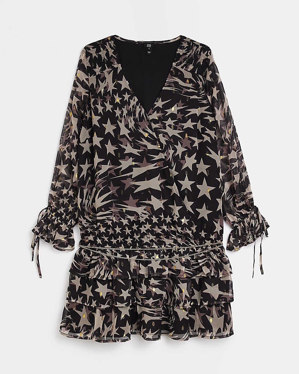 Petite black chiffon star belted mini dress