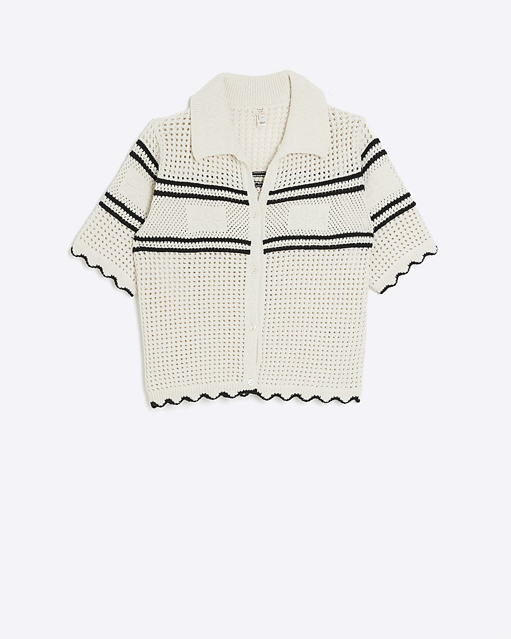 Cream crochet striped polo top