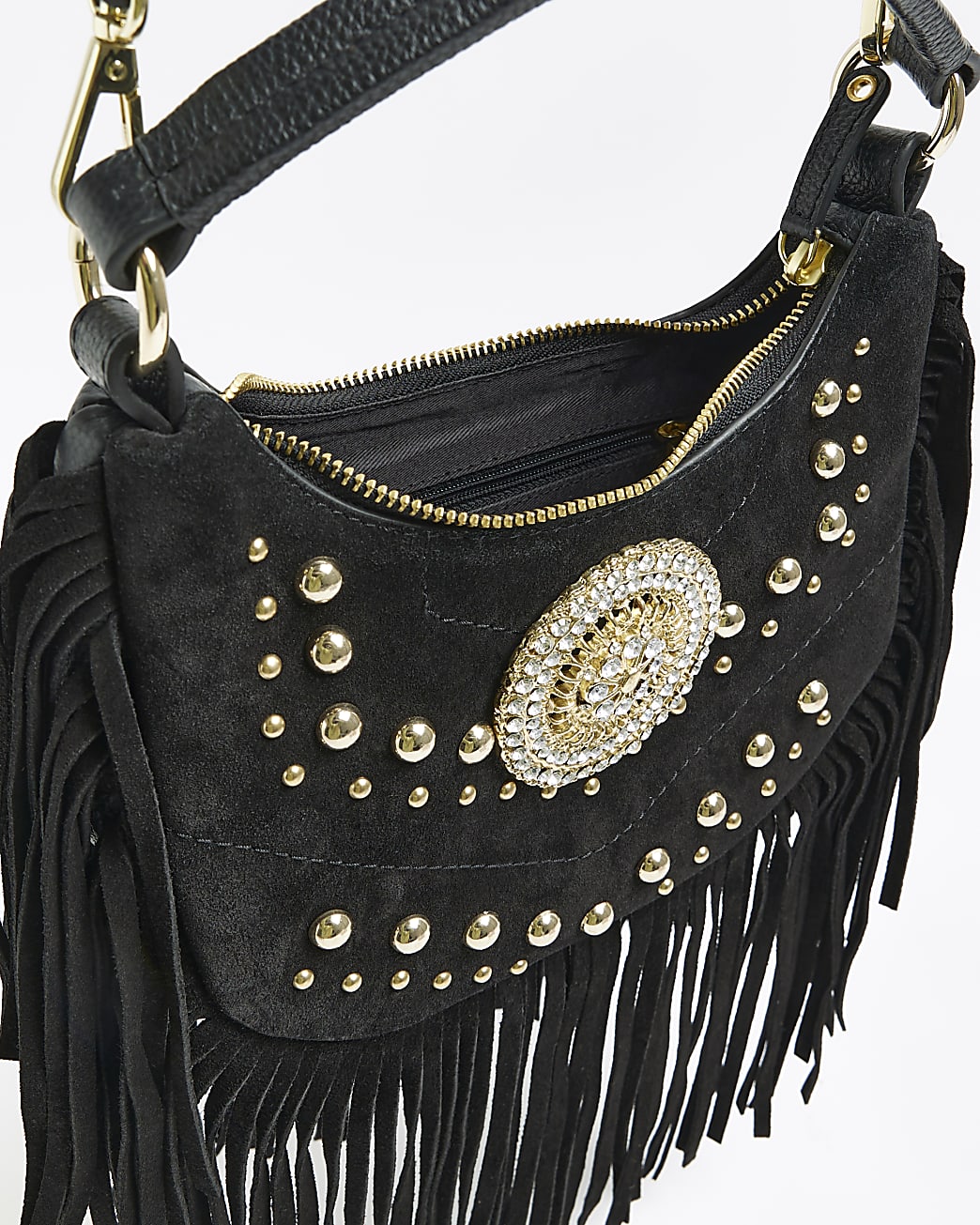 Black suede fringe cross body bag