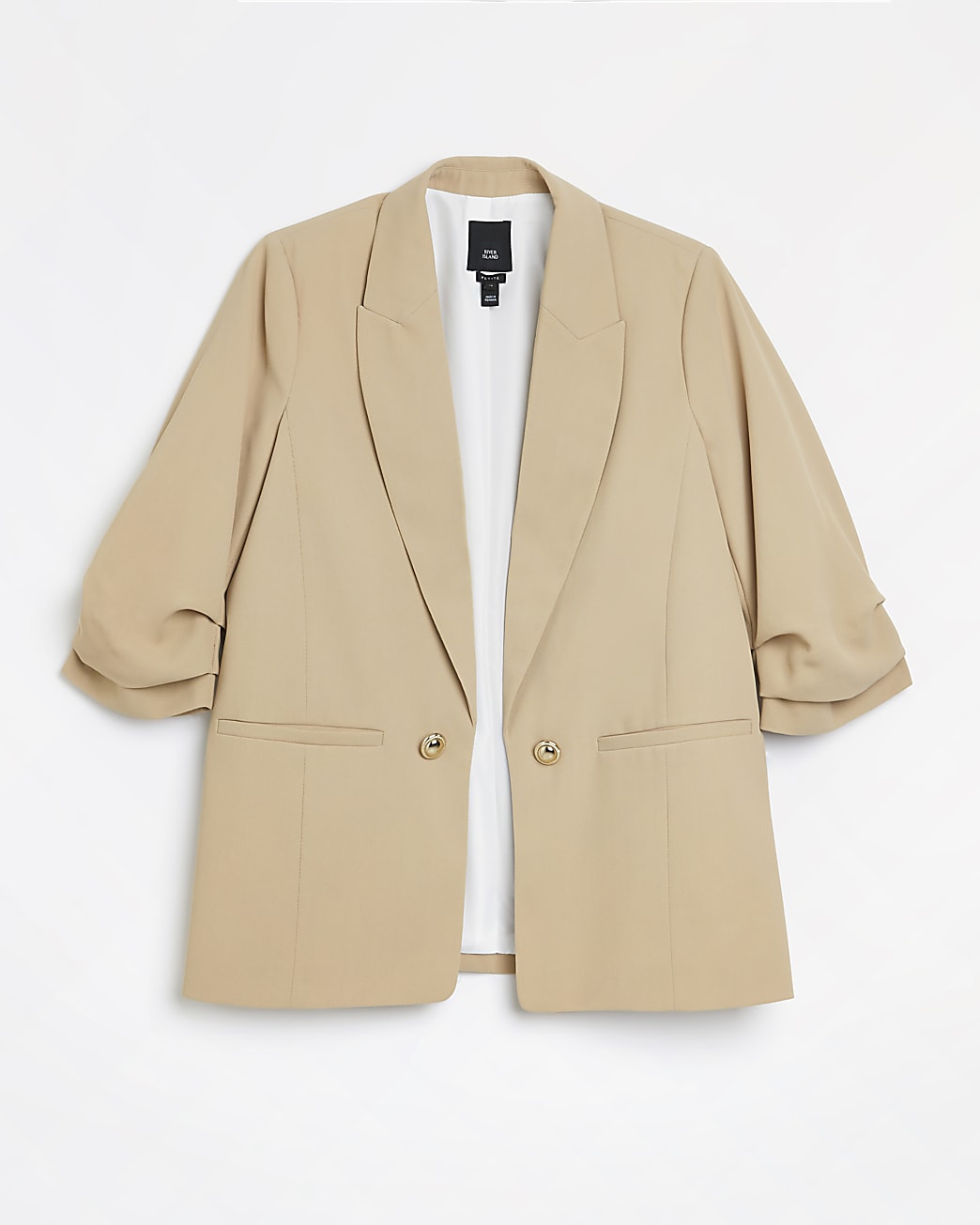 Petite beige ruched sleeve blazer