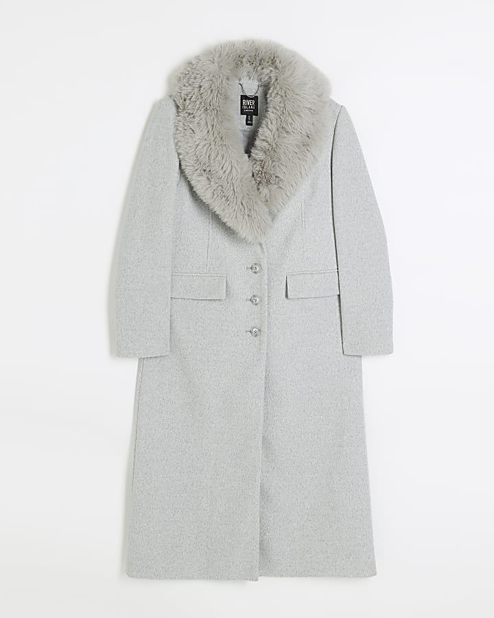 Grey faux fur collar longline coat