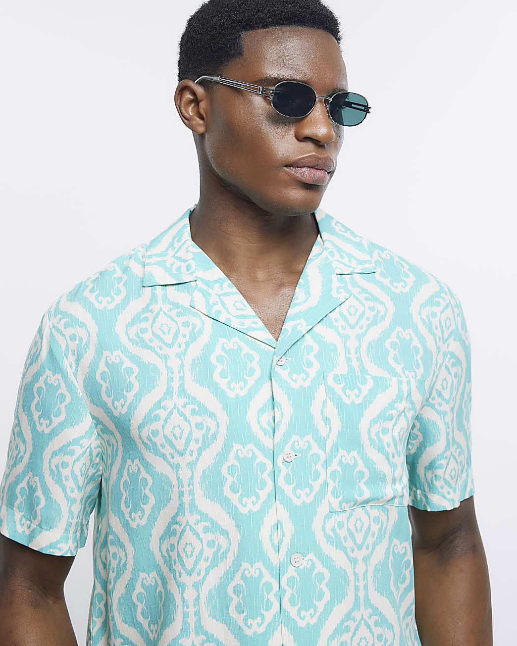 Blue regular fit Aztec print revere shirt