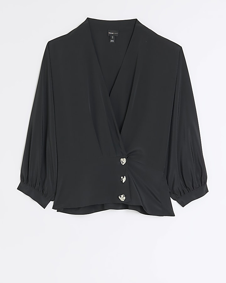 Black long sleeve wrap blouse