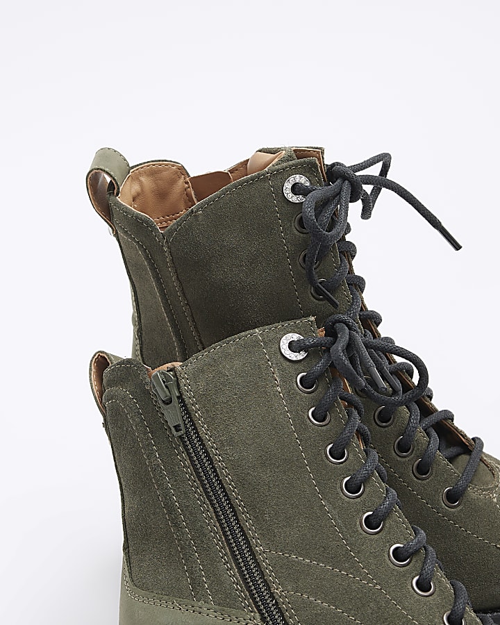Khaki suede block heeled boots