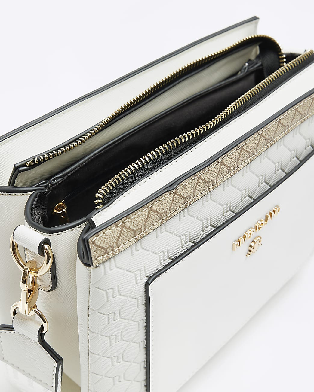 White embossed RI monogram cross body bag