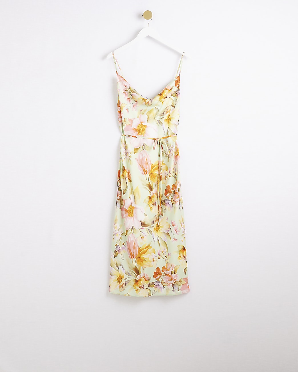 Green satin floral slip midi dress