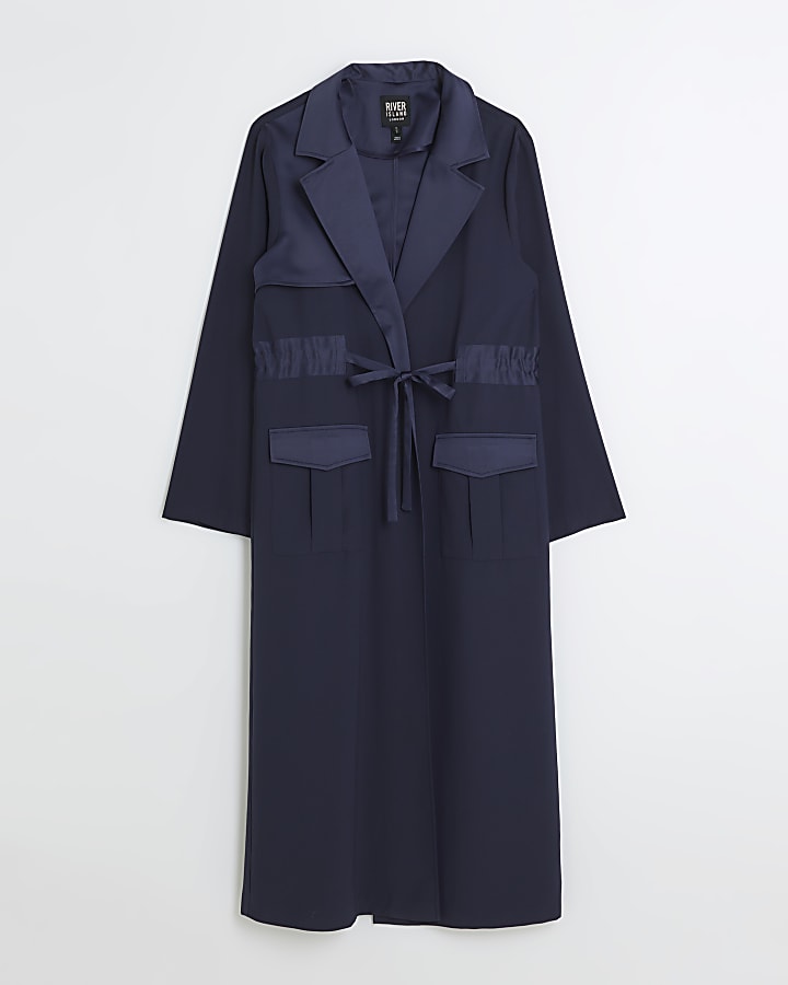 Navy satin longline duster coat