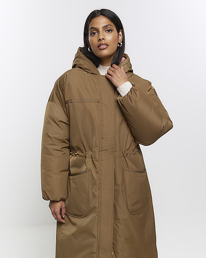 Khaki hooded longline parka jacket