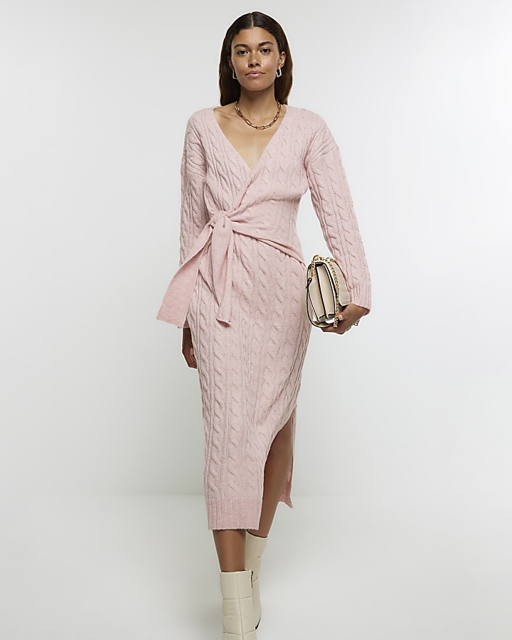 Pink Cable knit V-neck Wrap Midi jumper dress